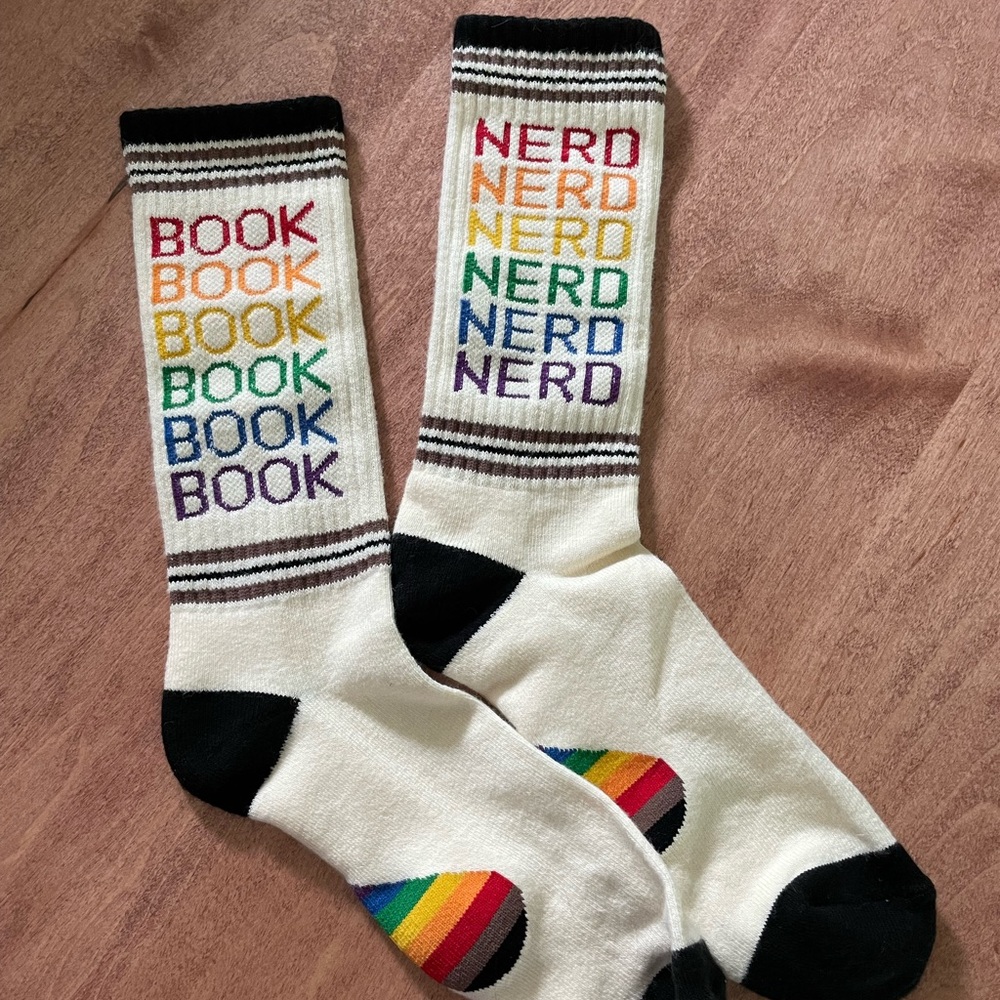 Out of Print White and Black Crew Socks with Book and Nerd Designs